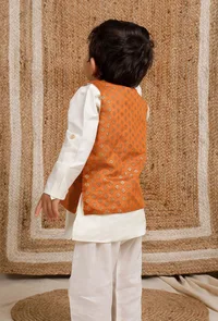 Set Of 3: Off White Cotton Silk Kurta, Pyjama & Orange Brocade Nehru Jacket image 2