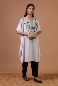 Purple Magenta Cotton Crush Ari Embroidered Kaftan- Free Size image 2