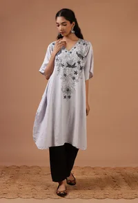 Purple Magenta Cotton Crush Ari Embroidered Kaftan- Free Size image 3