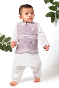 Set of 3 - Rubble Purple Jacket with White Kurta Pyjama Set image 2