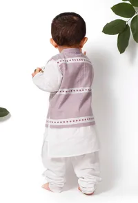 Set of 3 - Rubble Purple Jacket with White Kurta Pyjama Set image 3