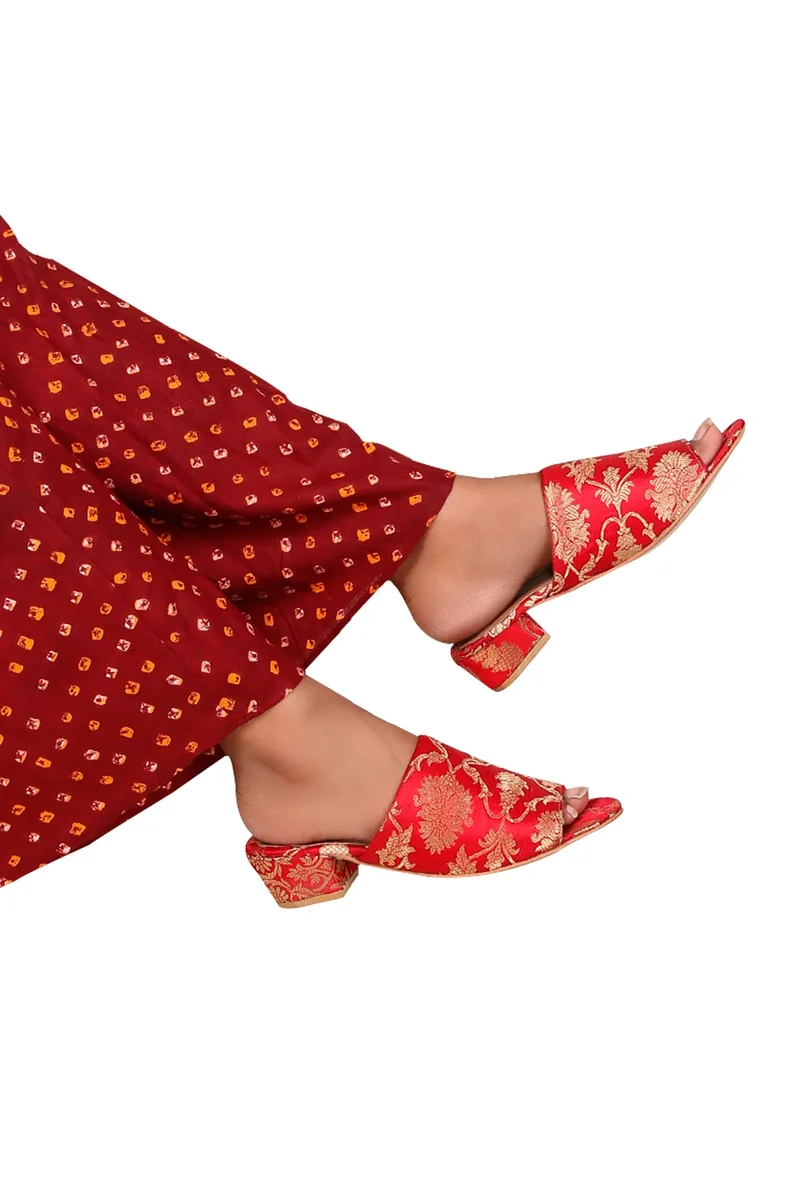 Red Brocade Block Heels