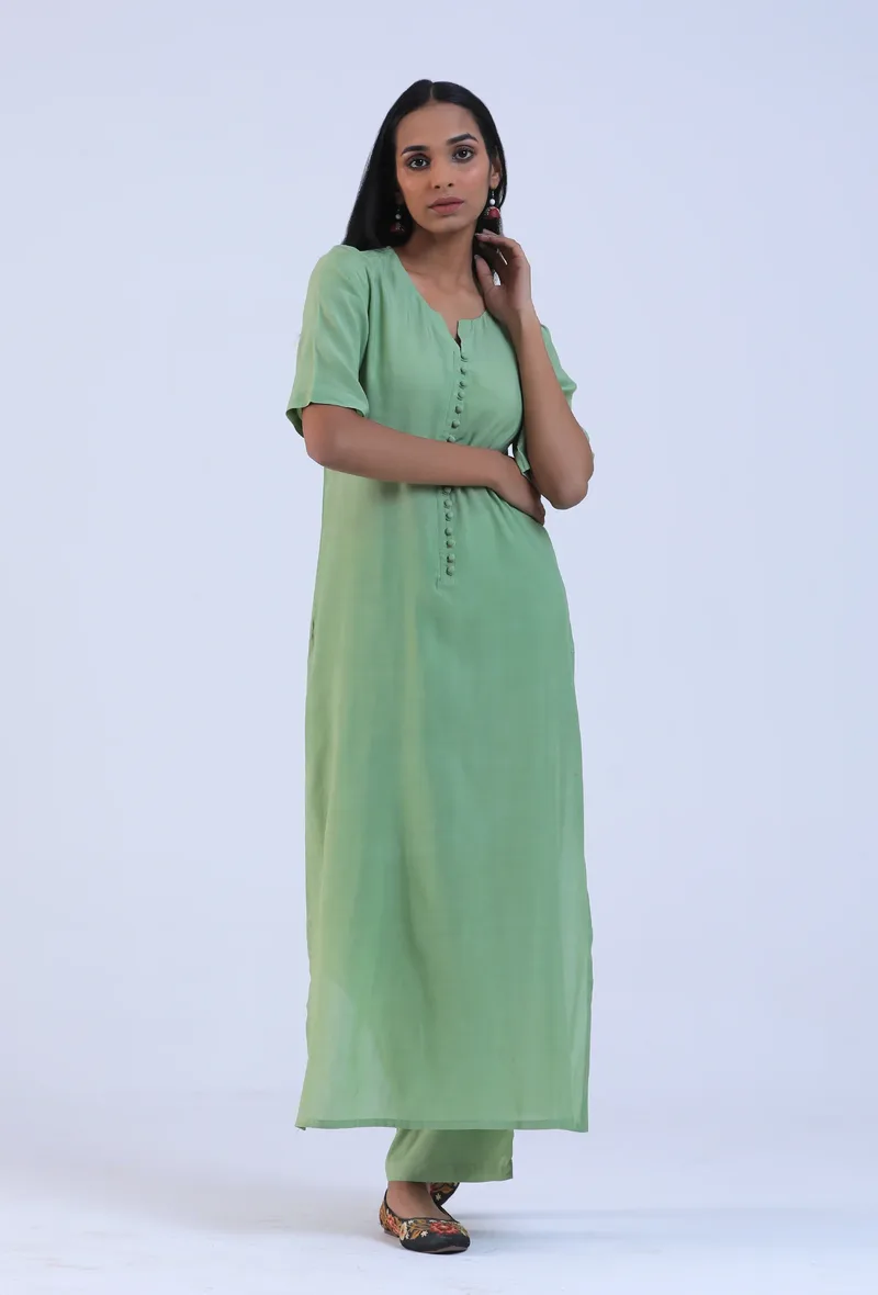 Set Of 2: Green Cotton Kurta with Pant & Dupatta Set