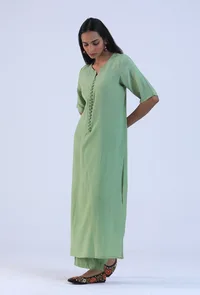 Set Of 2: Green Cotton Kurta with Pant & Dupatta Set image 2