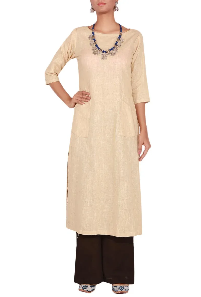 Set of 2 - Beige-black Kurta & Palazzos in Cotton Linen