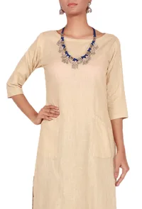 Set of 2 - Beige-black Kurta & Palazzos in Cotton Linen image 2