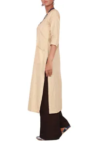 Set of 2 - Beige-black Kurta & Palazzos in Cotton Linen image 3