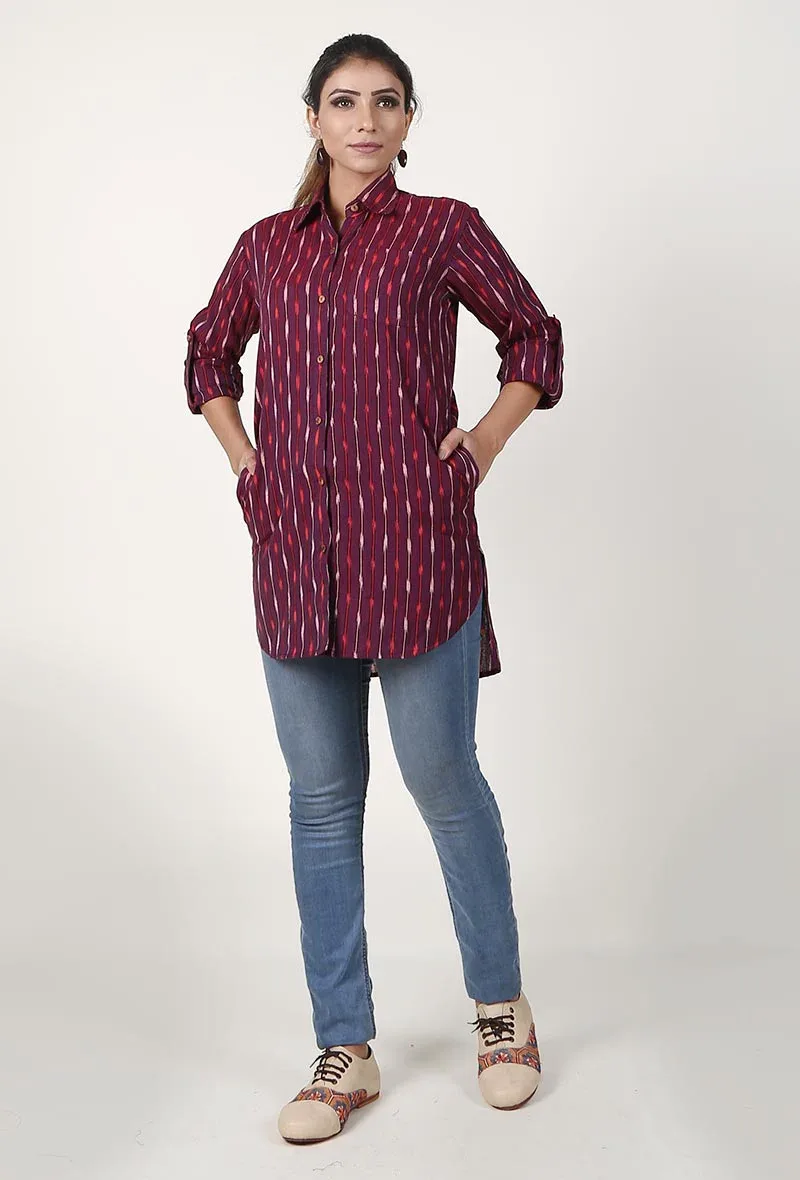 Deep Plum Handloom Cotton Ikat Asymmetrical Shirt