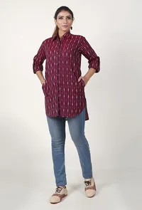 Deep Plum Handloom Cotton Ikat Asymmetrical Shirt image 1