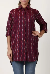 Deep Plum Handloom Cotton Ikat Asymmetrical Shirt image 2