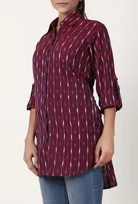 Deep Plum Handloom Cotton Ikat Asymmetrical Shirt image 3