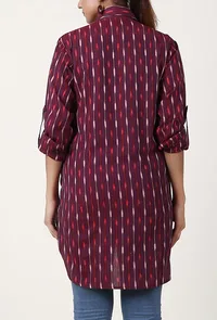 Deep Plum Handloom Cotton Ikat Asymmetrical Shirt image 4