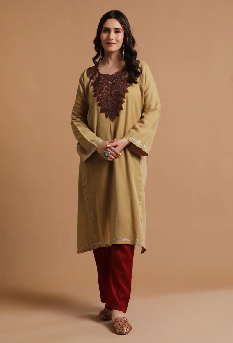 Camel Kashmiri Sozni Embroidery Phiran-Free Size
