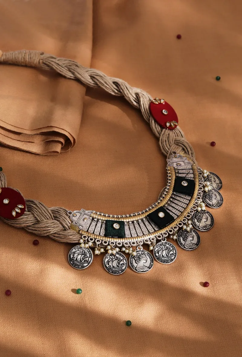 German Silver Jute Red And Green Necklace