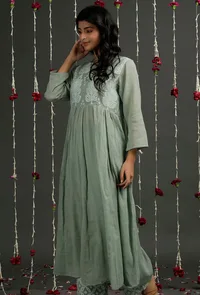 Olive Green Floral Jamdani Front Gather Kurta Dress image 1
