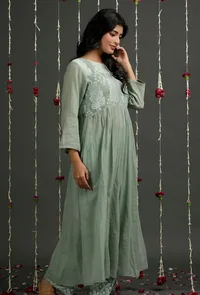 Olive Green Floral Jamdani Front Gather Kurta Dress image 2