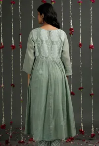 Olive Green Floral Jamdani Front Gather Kurta Dress image 3