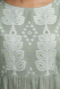 Olive Green Floral Jamdani Front Gather Kurta Dress image 4