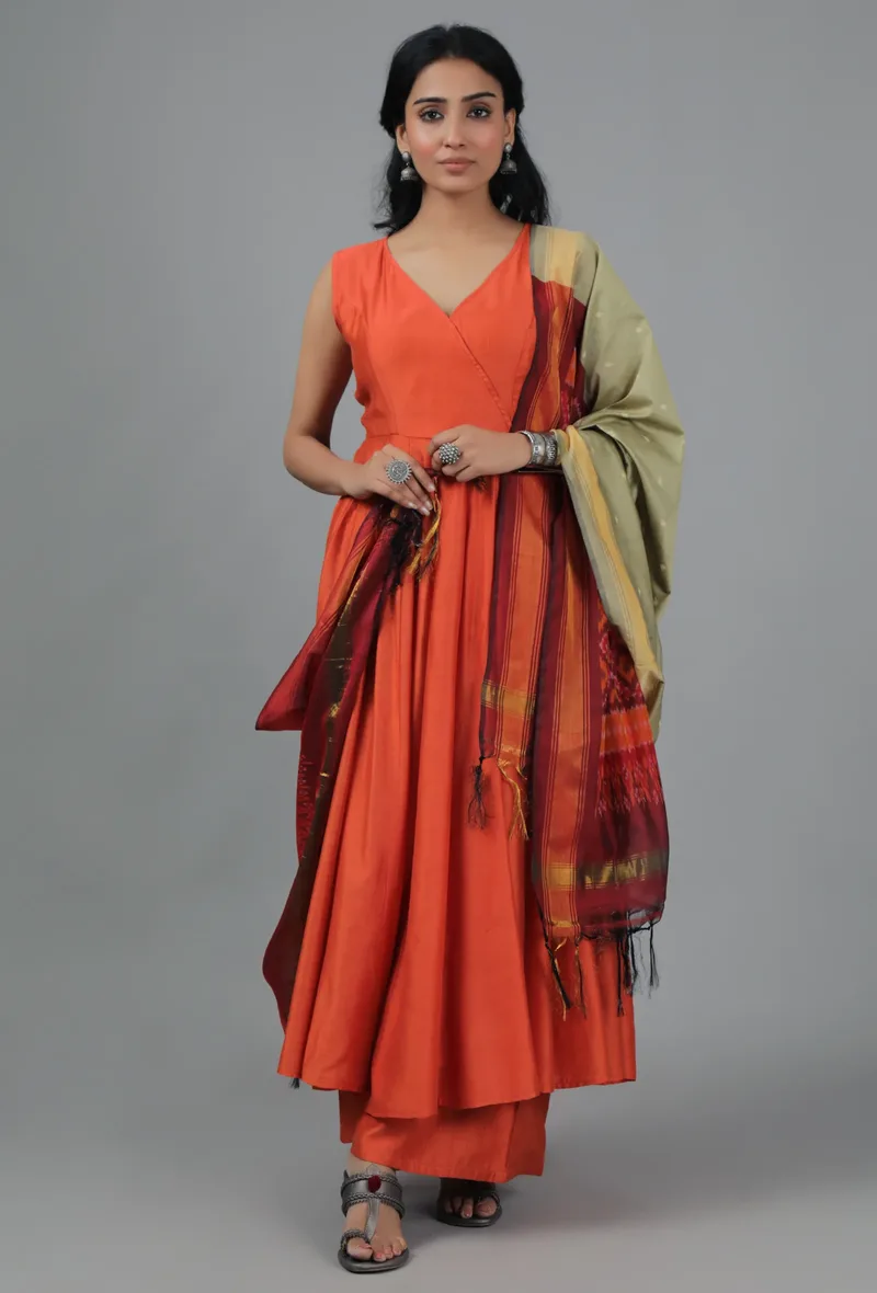 Moss Green & Red-Orange Ikat Dupatta