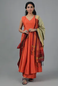 Moss Green & Red-Orange Ikat Dupatta image 1