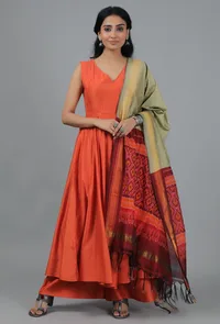 Moss Green & Red-Orange Ikat Dupatta image 2