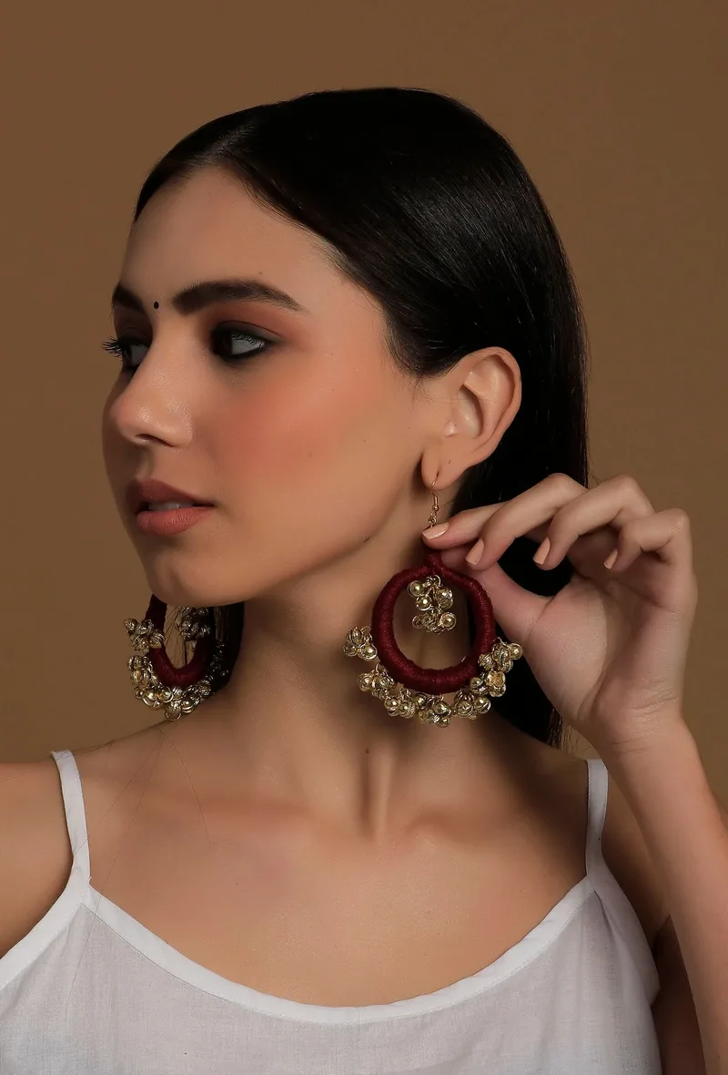 Aza Burgundy Red Ghungroo Tribal Earrings