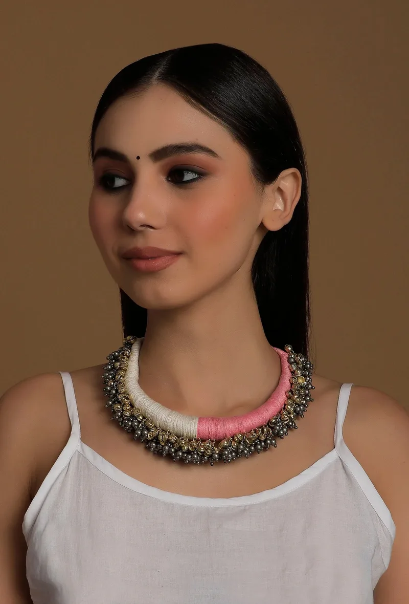 Maahi Duo White and Pink Tribal Gold Ghungroo Necklace