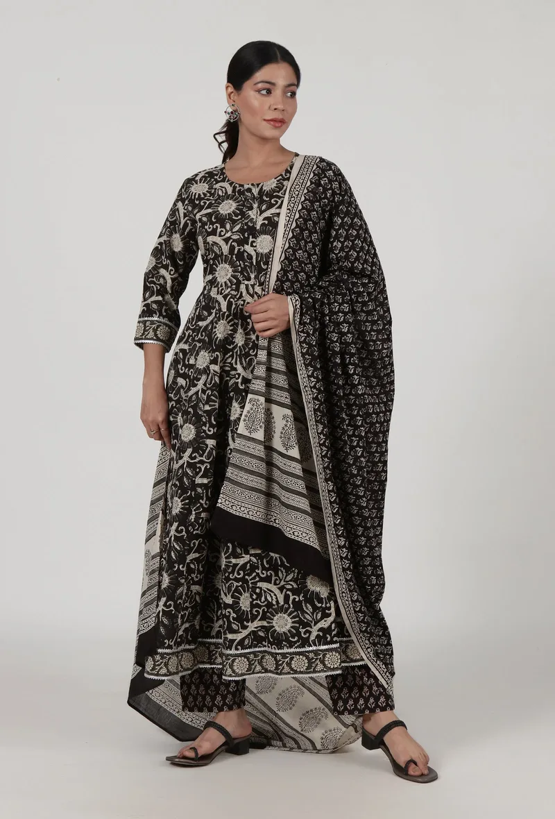 Set Of 3: Ajrakh Printed Black Cotton Anarkali, Pant & Dupatta Set