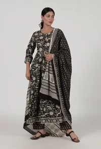 Set Of 3: Ajrakh Printed Black Cotton Anarkali, Pant & Dupatta Set image 1