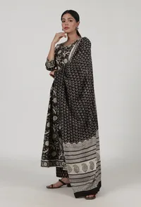 Set Of 3: Ajrakh Printed Black Cotton Anarkali, Pant & Dupatta Set image 2