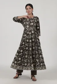 Set Of 3: Ajrakh Printed Black Cotton Anarkali, Pant & Dupatta Set image 3