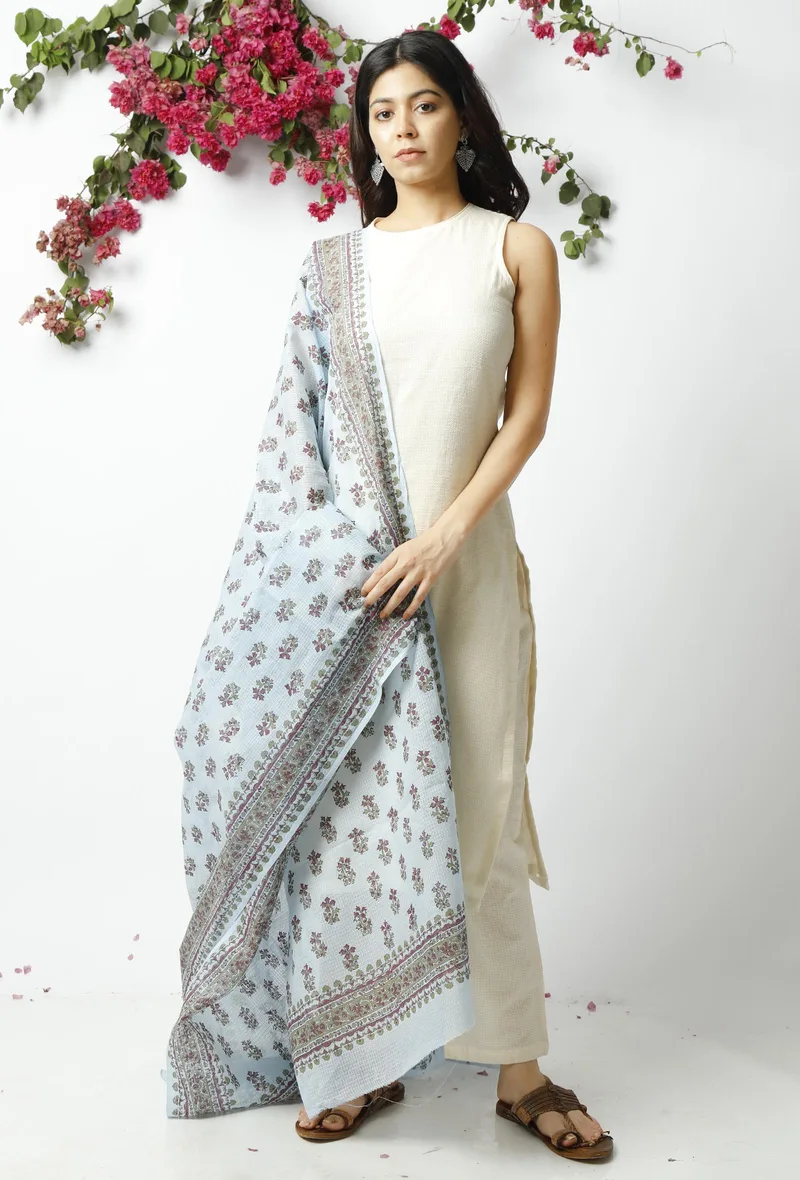 Set of 3: The Peaceful Sky Blue Kota Dupatta matched with Off White Kota Kurta and Kota Pant