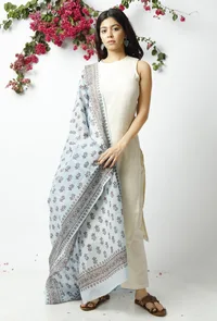 Set of 3: The Peaceful Sky Blue Kota Dupatta matched with Off White Kota Kurta and Kota Pant image 1