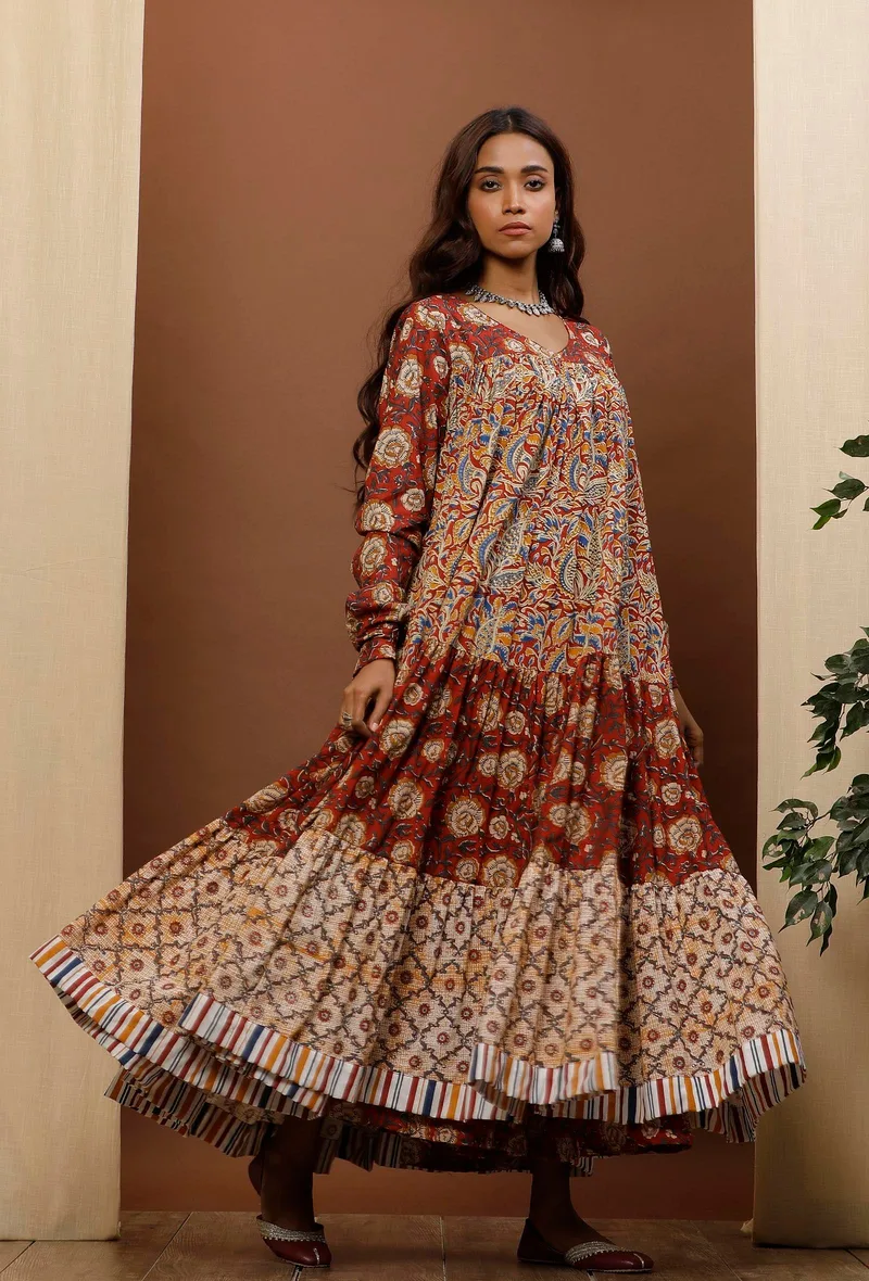 Rust Red & Beige Kalamkari Cotton Kurta