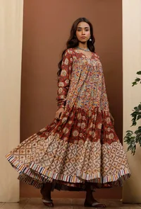 Rust Red & Beige Kalamkari Cotton Kurta image 1