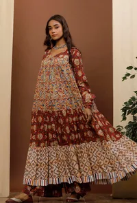 Rust Red & Beige Kalamkari Cotton Kurta image 2