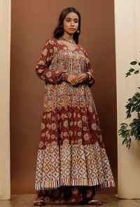 Rust Red & Beige Kalamkari Cotton Kurta image 3