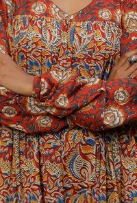 Rust Red & Beige Kalamkari Cotton Kurta image 6