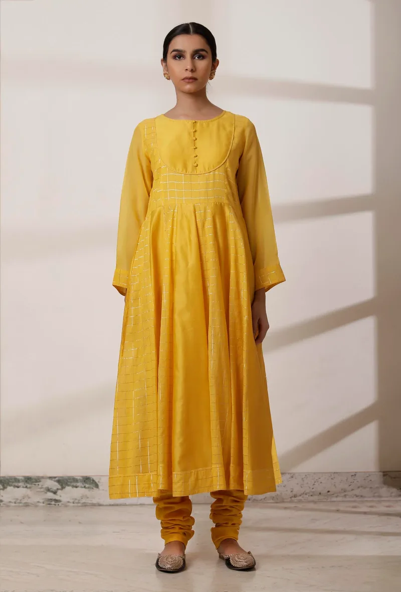 Set of 2: Yellow Kalidar Chanderi Kurta with Churidar