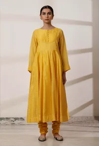 Set of 2: Yellow Kalidar Chanderi Kurta with Churidar image 1