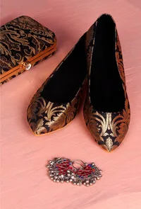 Black Pointed Toe Brocade Ballerina Flats image 1