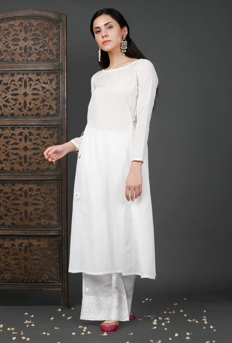 Set of 2: Side Dori White Soya Cotton Kurta And Cotton Palazzos