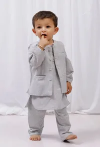 Set of 3: Black striped Cotton Kurta and Pajama with Striped Nehru Jacket image 1