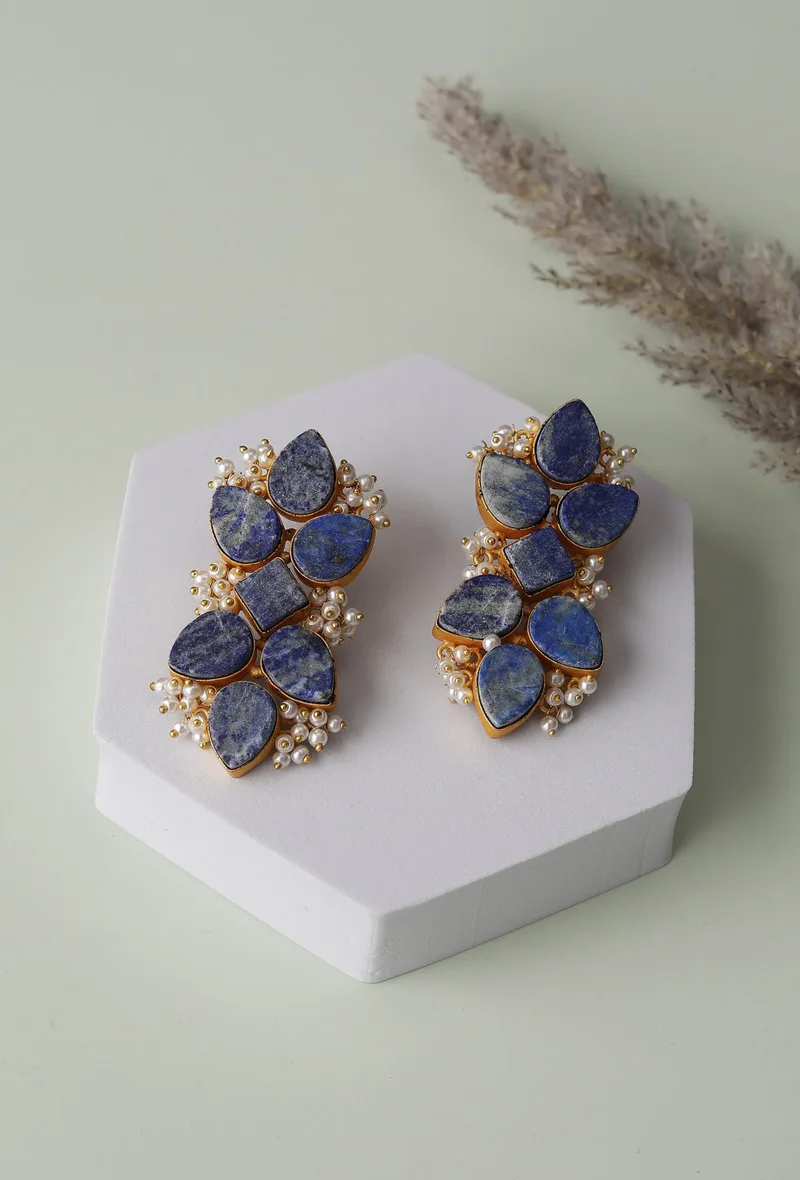 Auster Blue Gold Stone Pearl Earrings