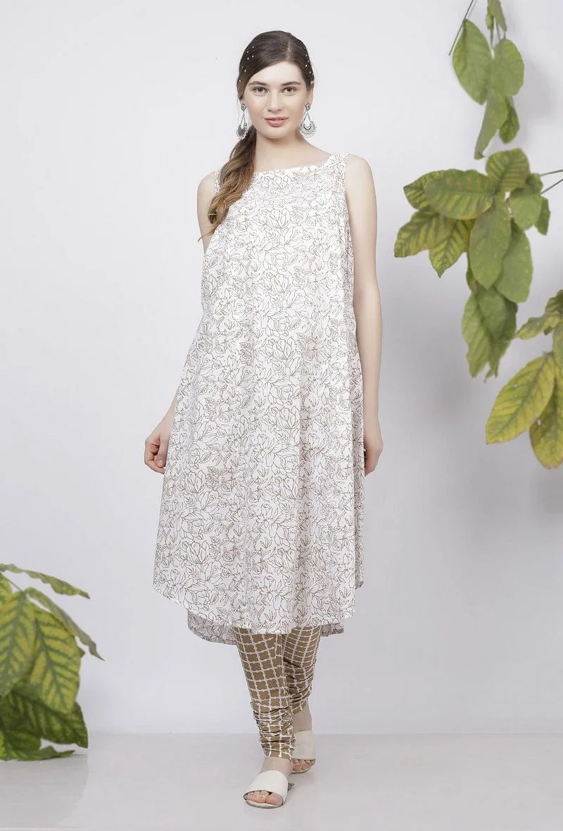 Muse Brown Floral Hand-Block Printed Cotton Sleevless Kurta