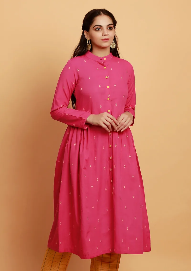 Pink Side Gathers And Flared Button Down Woven Kurta
