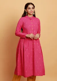 Pink Side Gathers And Flared Button Down Woven Kurta image 1