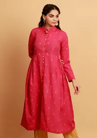 Pink Side Gathers And Flared Button Down Woven Kurta image 2