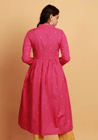 Pink Side Gathers And Flared Button Down Woven Kurta image 3