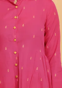 Pink Side Gathers And Flared Button Down Woven Kurta image 4